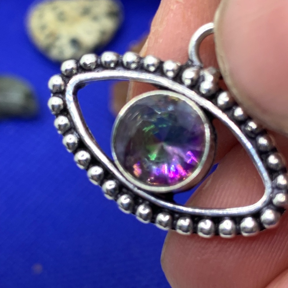 Mystic Topaz Lucky “Evil Eye” Pendant! .925 Sterling Silver Overlay, Handmade! - Picture 8 of 16